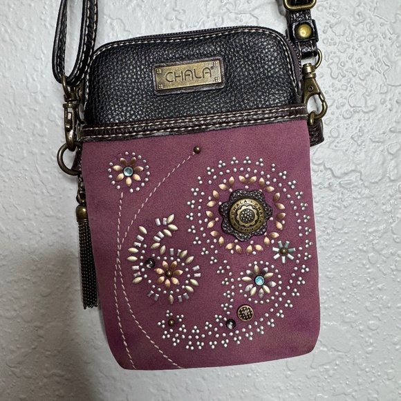 Chala Dazzled Purple Paisley Cell Phone Crossbod Purse adustable strap in - Picture 2 of 15